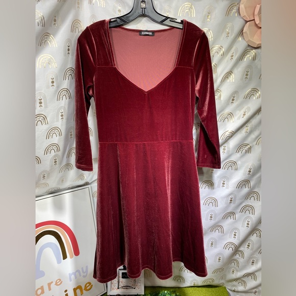 Express Velvet Long Sleeve Dress in Deep Red - Picture 1 of 9